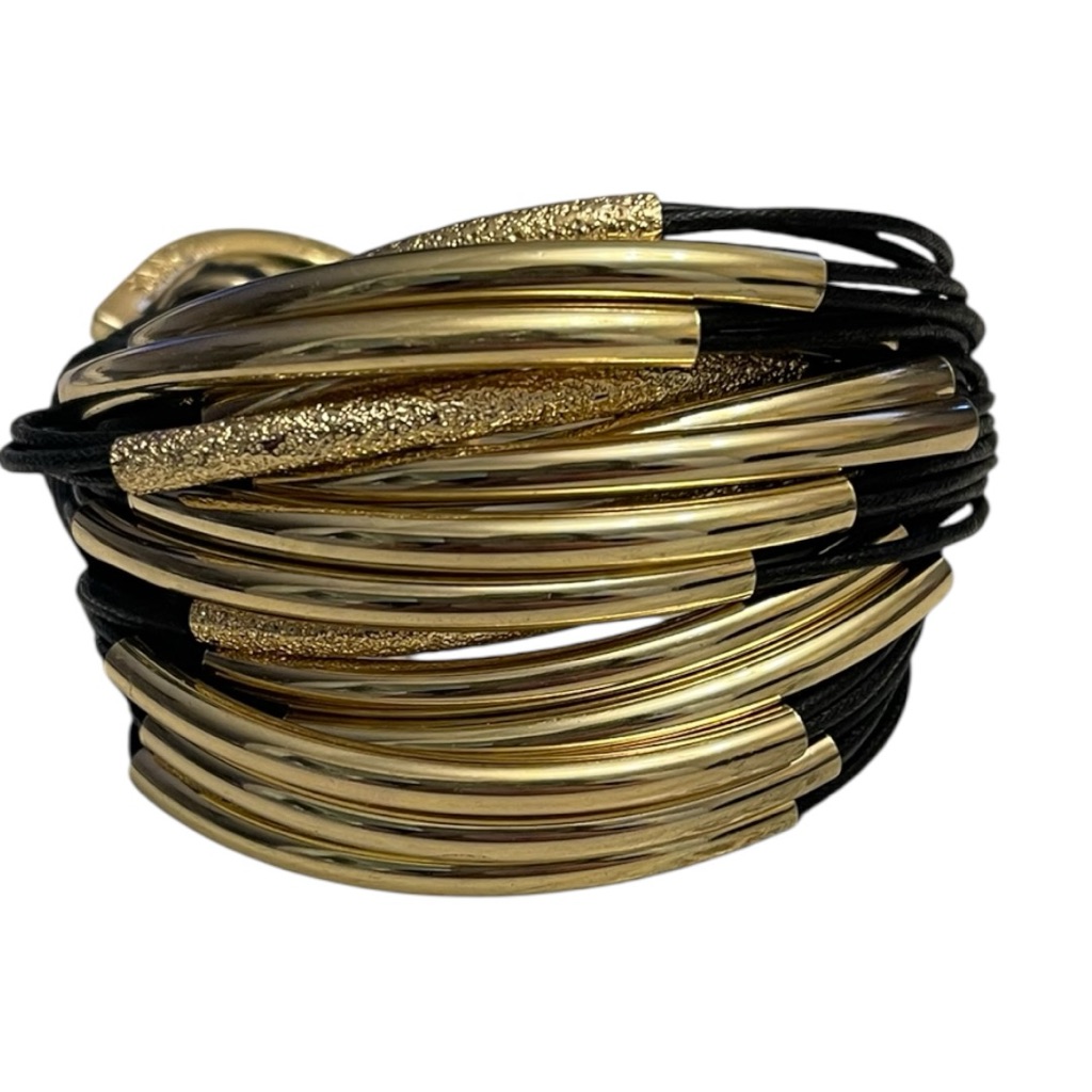 Saachi Black & Gold Multi-Strand Bracelet - Black Cord With Gold Tube Beads